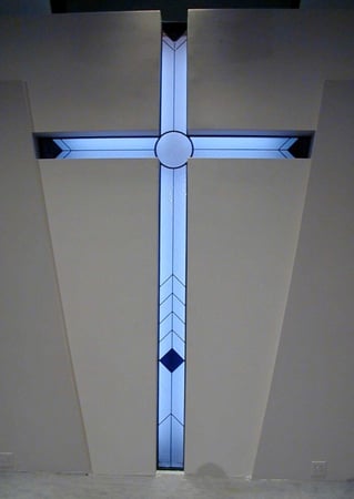 Window featuring a Frosted Glass Liturgical Design Sandblast Etched Glass Desert Chapel Cross  Design by Sans Soucie
