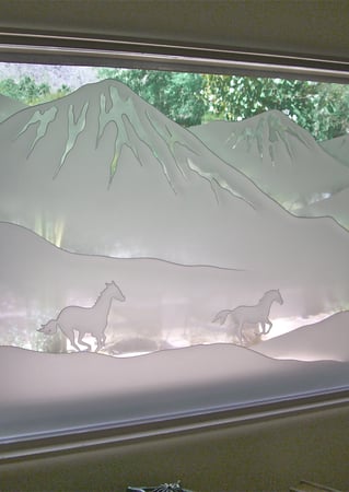 Window featuring a Frosted Glass Western Design Sandblast Etched Glass Galloping in the Vistas Design by Sans Soucie