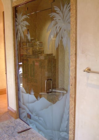 Shower Enclosure showcasing a Frosted Glass Palm Trees Design with Sandblast Etched Glass Art by Sans Soucie Date Palm Single Mirrored Design