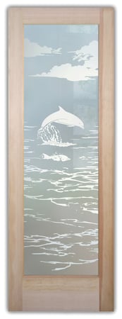 Pantry Door featuring Frosted Glass Design Etched Glass by Sans Soucie Art Glass with Custom Oceanic Design Dolphins in the Shimmer