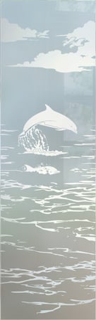 Door Glass Insert featuring Frosted Glass Design Etched Glass by Sans Soucie Art Glass with Custom Oceanic Design Dolphins in the Shimmer