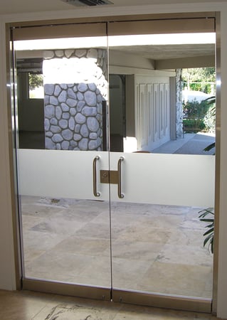 All Glass Front Door showcasing a Frosted Glass Geometric Design with Sandblast Etched Glass Art by Sans Soucie Solid Band Design