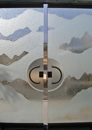 All Glass Front Door featuring Frosted Glass Design Etched Glass by Sans Soucie Art Glass with Custom Abstract Design Rugged Hills