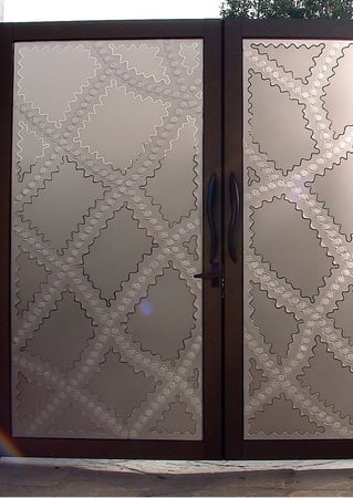 Gate Glass Insert with a sandblast Frosted Glass Geometric Design Custom-Designed Decorative Etched Glass