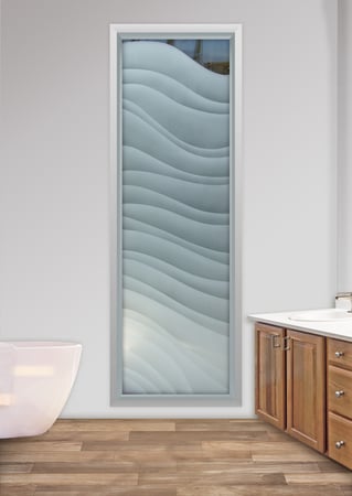 Window showcasing a Frosted Glass Abstract Design with Sandblast Etched Glass Art by Sans Soucie Dreamy Waves Design