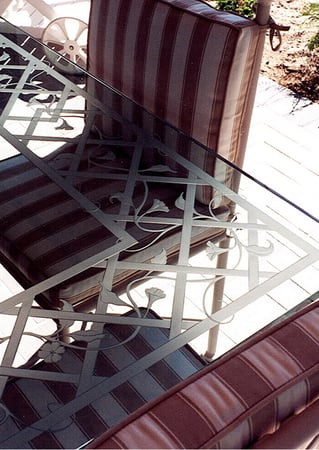 Glass Dining Table with a Frosted Glass Morning Glory Lattice Floral Design for Semi-Private by Sans Soucie Art Glass