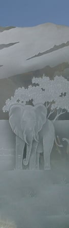 Interior Glass Insert showcasing a Frosted Glass Wildlife Design with Sandblast Etched Glass Art by Sans Soucie Elephants in the Wild Design