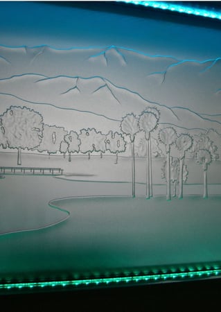 Window with a sandblast Frosted Glass Landscapes Design Custom-Designed Decorative Etched Glass