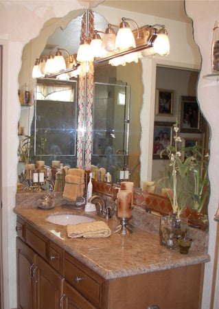 Decorative Mirror featuring Frosted Glass Design Etched Glass by Sans Soucie Art Glass with Custom Geometric Design Fallaway