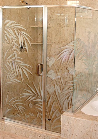 Shower Enclosure with a sandblast Frosted Glass Tropical Design Custom-Designed Decorative Etched Glass