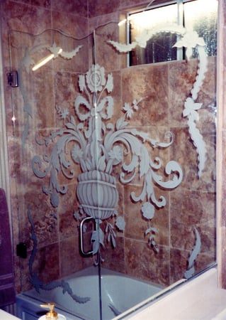 Shower Enclosure with Frosted Glass Floral Filigree Flowers Design by Sans Soucie