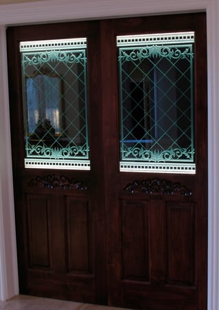 Edge Lit Glass featuring a Frosted Glass Traditional Design Sandblast Etched Glass Filigree Lattice Design by Sans Soucie