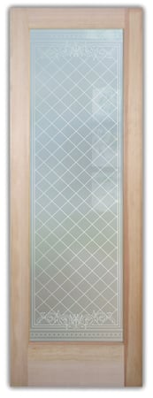 Pantry Door featuring a Frosted Glass Traditional Design Sandblast Etched Glass Filigree Lattice Design by Sans Soucie