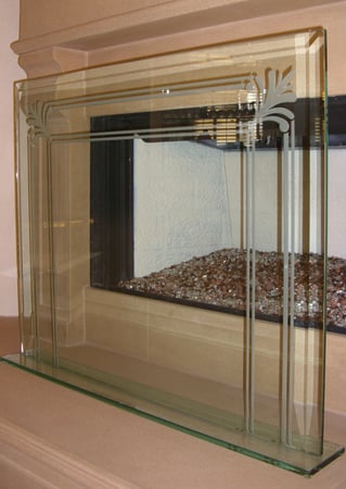 Fireplace Screen featuring Frosted Glass Design Etched Glass by Sans Soucie Art Glass with Custom Borders Design Filigree Pinstripe
