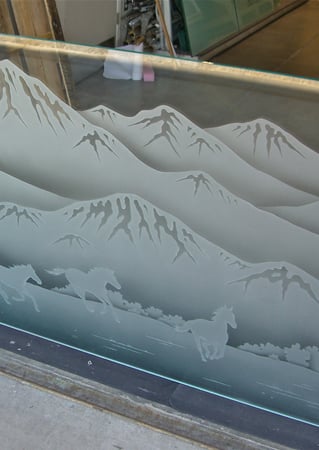 Partition featuring a Frosted Glass Western Design Sandblast Etched Glass Galloping in the Vistas Design by Sans Soucie