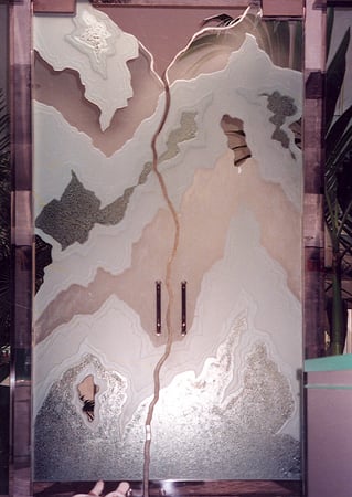 Interior Glass Door featuring Frosted Glass Design Etched Glass by Sans Soucie Art Glass with Custom Abstract Design Glacier's End