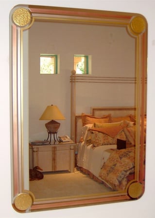 Decorative Mirror showcasing a Frosted Glass Borders Design with Sandblast Etched Glass Art by Sans Soucie Golden Copper Border Design