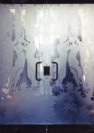 All Glass Front Door with a Frosted Glass Grecian Ladies Art Deco Design for Semi-Private by Sans Soucie Art Glass