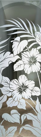 Interior Glass Insert featuring a Frosted Glass Tropical Design Sandblast Etched Glass Hibiscus Anthurium Design by Sans Soucie