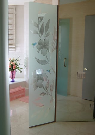 Shower Partition with a sandblast Frosted Glass Tropical Design Custom-Designed Decorative Etched Glass
