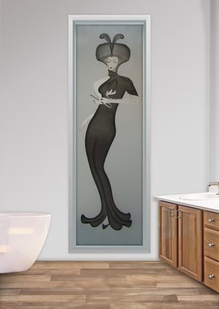 Window showcasing a Frosted Glass Art Deco Design with Sandblast Etched Glass Art by Sans Soucie Hillis Furs Puff Design