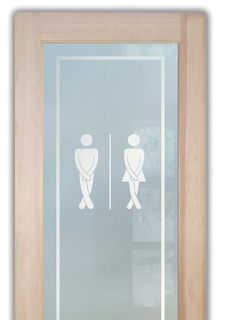 Bathroom Door featuring Frosted Glass Design Etched Glass by Sans Soucie Art Glass with Custom Whimsical Design Hold It