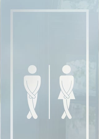 Bathroom Door Insert featuring Frosted Glass Design Etched Glass by Sans Soucie Art Glass with Custom Whimsical Design Hold It