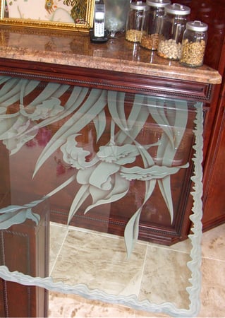 Glass Dining Table with a Frosted Glass Iris Floral Design for Semi-Private by Sans Soucie Art Glass