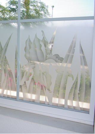 Window with a Frosted Glass Iris Floral Design for Semi-Private by Sans Soucie Art Glass