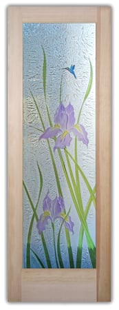 Pantry Door featuring a Frosted Glass Floral Design Sandblast Etched Glass Iris Hummingbird Design by Sans Soucie