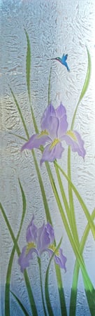 Door Glass Insert featuring a Frosted Glass Floral Design Sandblast Etched Glass Iris Hummingbird Design by Sans Soucie