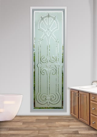 Window featuring Frosted Glass Design Etched Glass by Sans Soucie Art Glass with Custom Wrought Iron Design Iron Bars