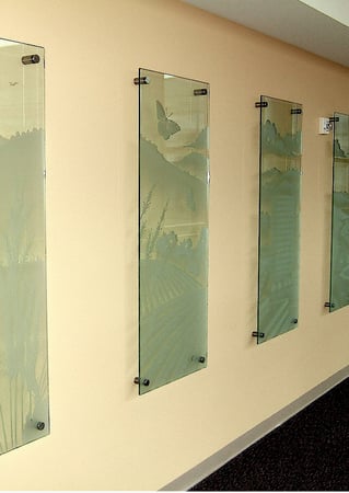 Glass Wall Art featuring a Frosted Glass Landscapes Design Sandblast Etched Glass Kaiser Hospital Irvine  Design by Sans Soucie
