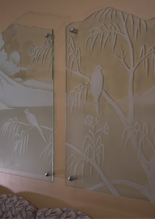 Glass Wall Art featuring a Frosted Glass Landscapes Design Sandblast Etched Glass Kaiser Hospital Desert Gaze  Design by Sans Soucie