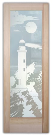 Pantry Door featuring Frosted Glass Design Etched Glass by Sans Soucie Art Glass with Custom Oceanic Design Lighthouse Beaming