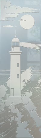 Interior Glass Insert featuring Frosted Glass Design Etched Glass by Sans Soucie Art Glass with Custom Oceanic Design Lighthouse Beaming