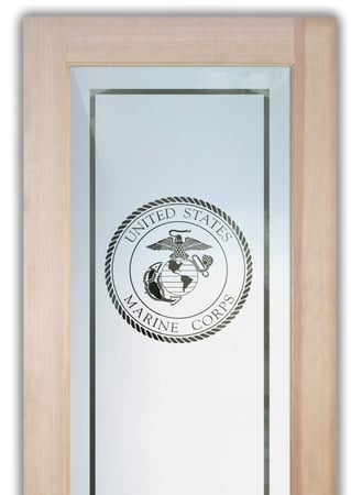 Bathroom Door featuring a Frosted Glass Logos Design Sandblast Etched Glass Marine Corp Seal Design by Sans Soucie