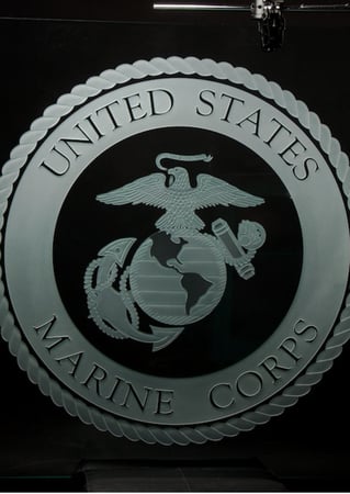 Glass Sign featuring a Frosted Glass Logos Design Sandblast Etched Glass Marine Corp Seal Design by Sans Soucie