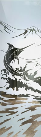 Door Glass Insert with a Frosted Glass Marlin Oceanic Design for Semi-Private by Sans Soucie Art Glass