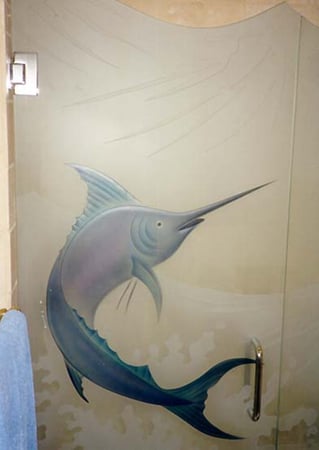 Shower Enclosure with a Frosted Glass Marlin Oceanic Design for Semi-Private by Sans Soucie Art Glass