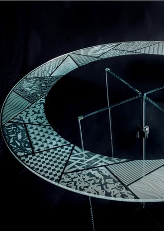 Glass Dining Table featuring Frosted Glass Design Etched Glass by Sans Soucie Art Glass with Custom Geometric Design Matrix