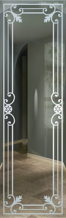 Door Glass Insert with a Frosted Glass Miranda Wrought Iron Design for Semi-Private by Sans Soucie Art Glass
