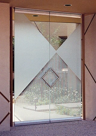 All Glass Gate featuring a Frosted Glass Abstract Design Sandblast Etched Glass Monochrome Design by Sans Soucie