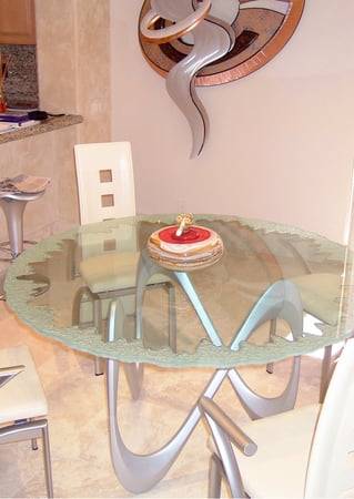 Glass Dining Table with a Frosted Glass Moonscape Edge Abstract Design for Not Private by Sans Soucie Art Glass