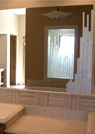 Decorative Mirror featuring Frosted Glass Design Etched Glass by Sans Soucie Art Glass with Custom Geometric Design Mosaics