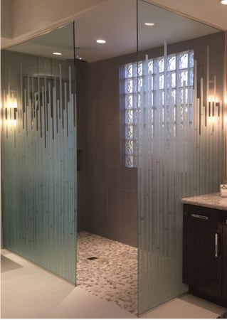 Shower Enclosure featuring Frosted Glass Design Etched Glass by Sans Soucie Art Glass with Custom Geometric Design Mosaics
