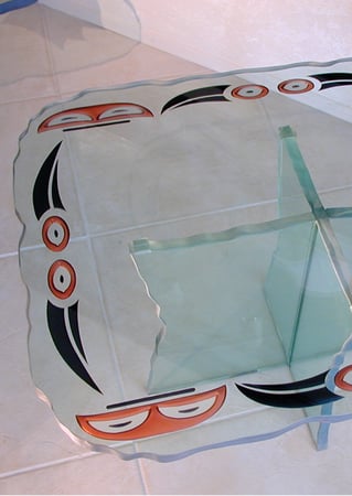 Glass Coffee Table with a sandblast Frosted Glass Borders Design Custom-Designed Decorative Etched Glass