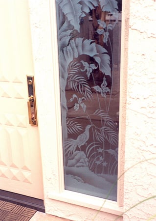 Window featuring a Frosted Glass Tropical Design Sandblast Etched Glass Natural Wonders Design by Sans Soucie