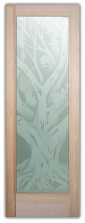 Pantry Door with a sandblast Frosted Glass Trees Design Custom-Designed Decorative Etched Glass