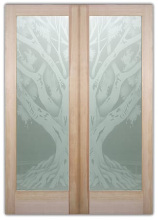 Pantry Door showcasing a Frosted Glass Trees Design with Sandblast Etched Glass Art by Sans Soucie Oak Tree II Design